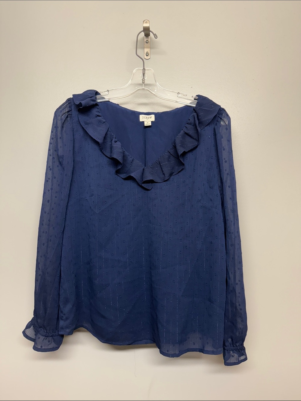 J. Crew Navy Ruffle V-Neck Semi-Sheer Blouse